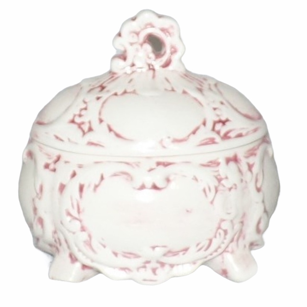 Vintage Vanity Trinket Box Pink White Heart Jewelry Dish Glazed Lid
